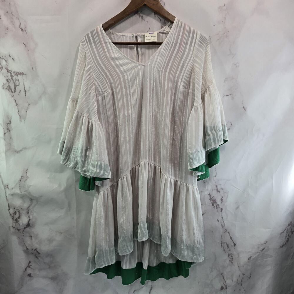 Tracy Reese Dress Womens Medium White Green Metallic Stripe Babydoll Hera
